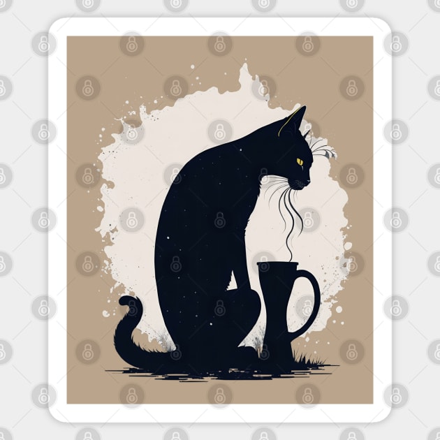 Black cat with coffee Sticker by Javisolarte